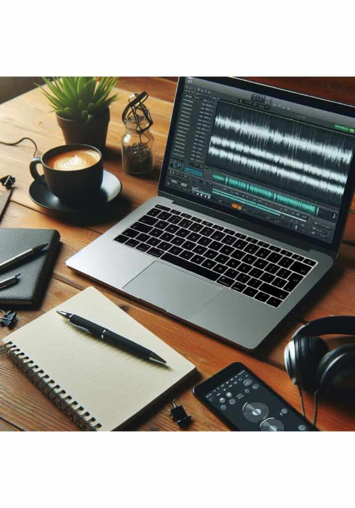The image shows the digital audio workstation and the audio transcription devices, earphone, pen and paper. 