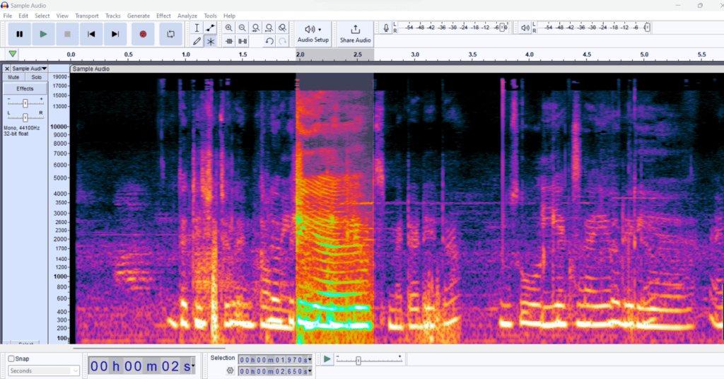 Actual screen shot, of Audacity application, showing the spectrographic analysis of audio.